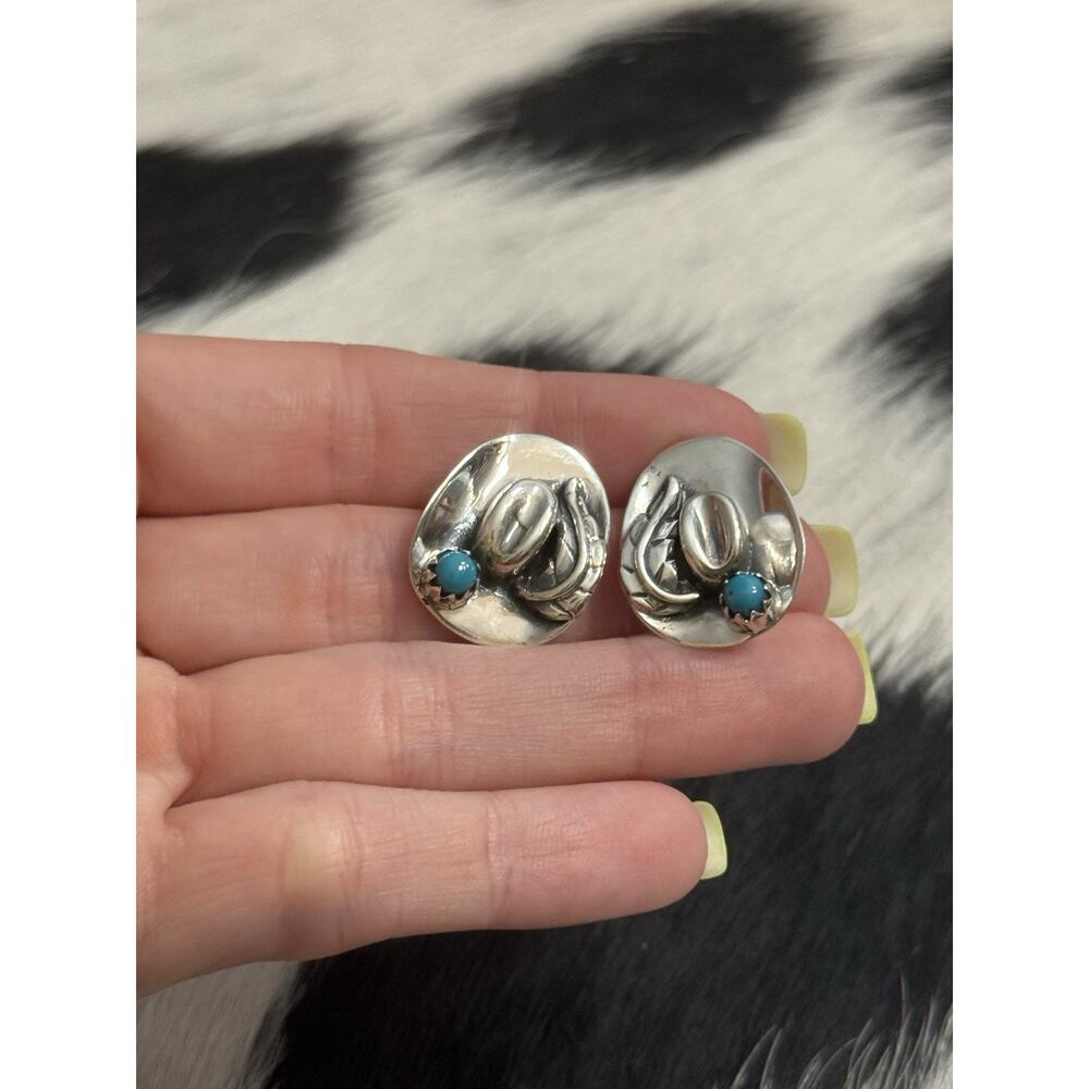 Vintage Native American Sterling Silver Turquoise Cowboy Cowgirl Hat Earrings